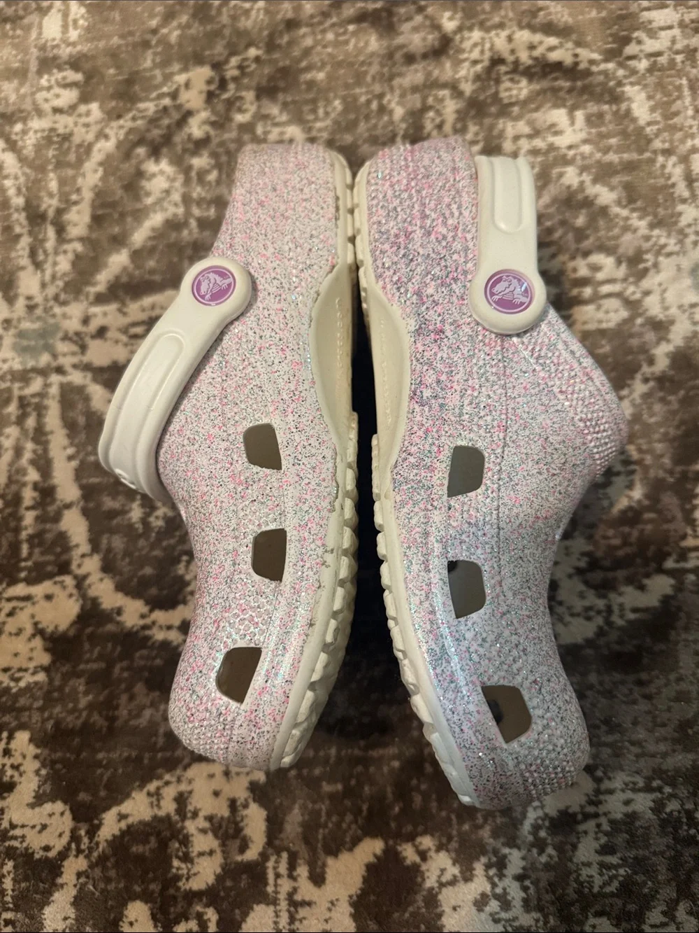 CROCS Kids' Glitter Clog in White with Pink and Blue Sparkle